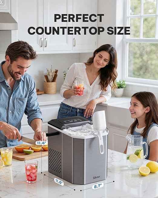 Silonn Ice Maker Countertop, Stainless Steel Portable Ice Machine with Carry Handle, Self-Cleaning Ice Makers with Basket and Scoop, 9 Cubes in 6 Mins, 26 lbs per Day