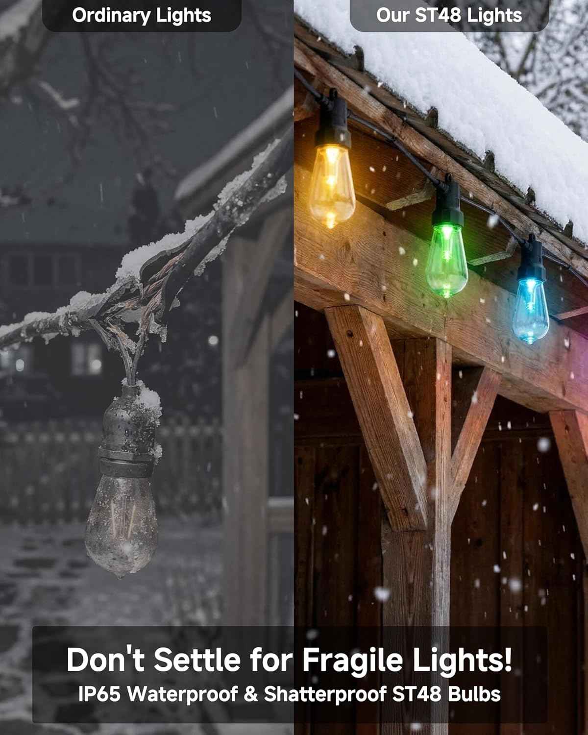 50FT Smart Outdoor String Lights, Color Changing ST48 Multi-color LED Patio Lights with Music Sync, Magic Lantern App & Remote, IP65 Waterproof Shatterproof Outdoor Lights for Cafe Bistro Backyard
