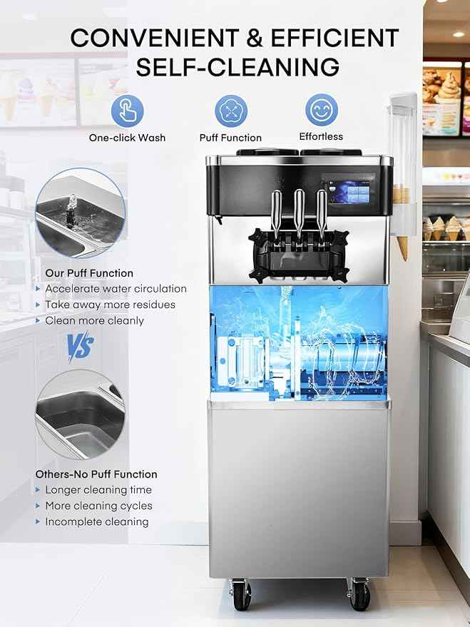 Commercial Ice Cream Machine 5.8-7.9 Gal/h, 3 Flavors Soft Serve Ice Cream Machine with 14L Hopper, Auto Clean Ice Cream Maker With Touch LCD Panel for Snack Restaurants Bars, 2200W