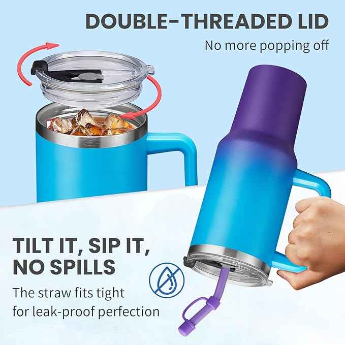 BENZZO 40 oz Tumbler with Handle Straw and 2-in-1 Lid Made of Metal Travel Mug for Easy Grip & Spill Proof, Pop-off Prevention Insulated Cup Gifts for Women, Car Cupholder Friendly，BPA Free