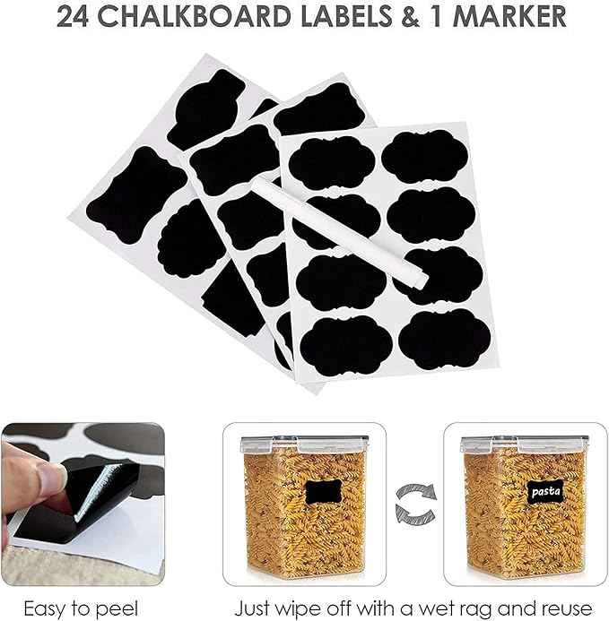 Vtopmart Food Storage Containers 2.5L / 84.5oz, 4 Pieces BPA Free Plastic Airtight Canister for Flour, Sugar, Baking Supplies, with 4 Measuring Cups and 24 Labels, Black
