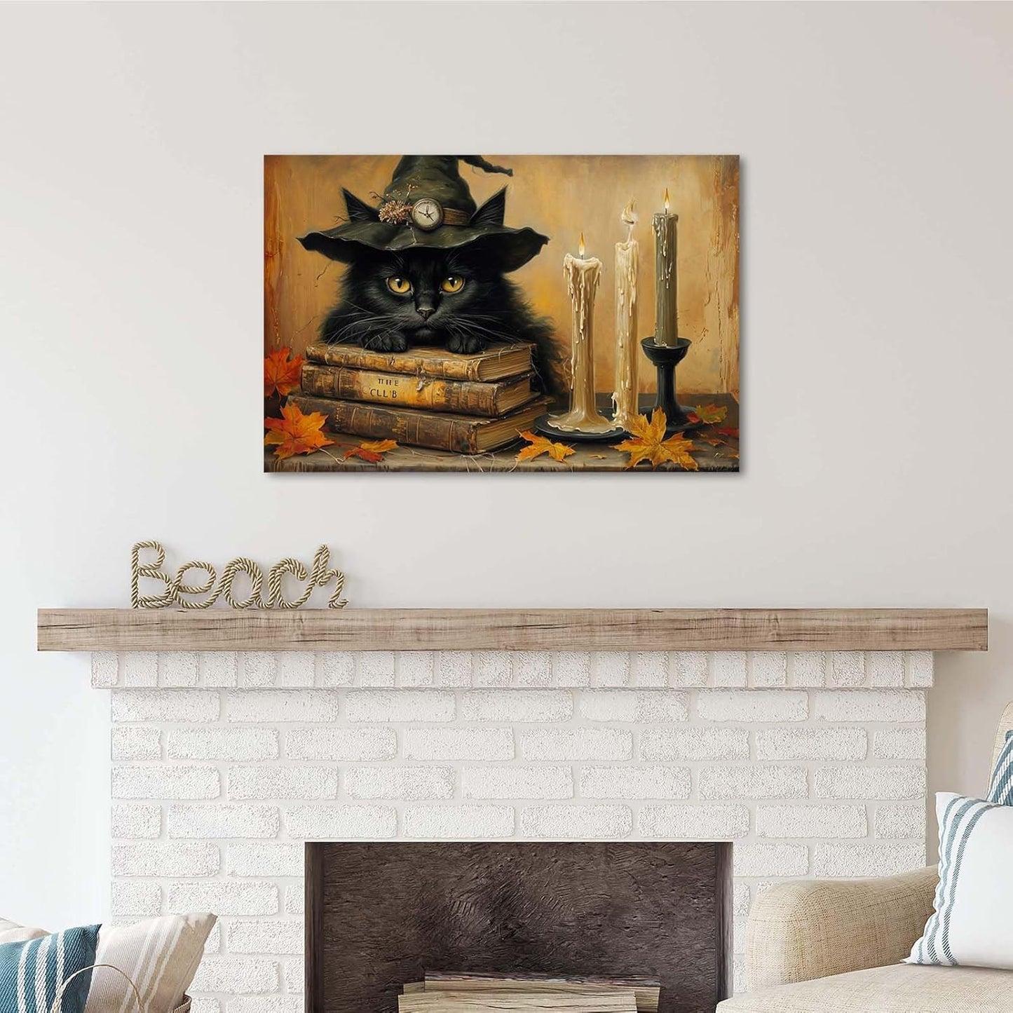 Vintage Halloween wall decoration black cat and magic book suitable for home bedroom living room decoration dark classic art witch wall decoration28x40in Wood Framed