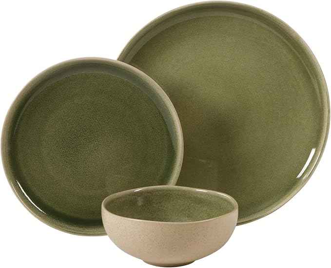 Gibson Elite Manila Bay 12-Piece Stoneware Dinnerware Set, Service for 4, Reactive Glaze Modern Artisan Plates, Bowls & Mugs, Green, Round Design