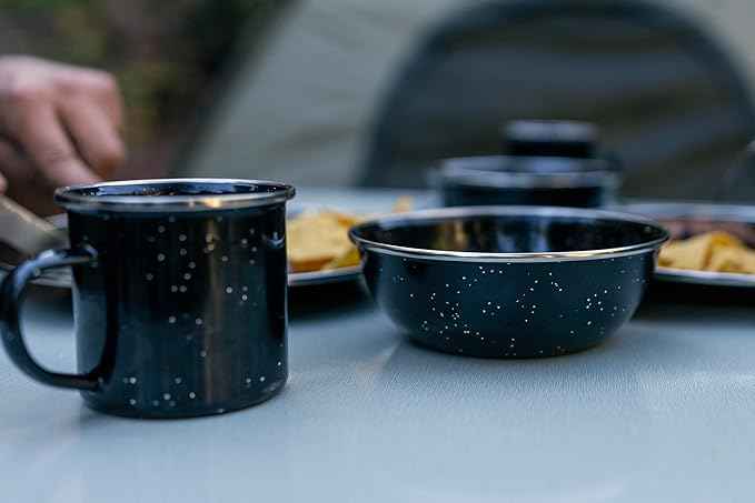 Stansport Deluxe 24-Piece Enamel Tableware Set - Enamel Plates and Bowls Lightweight and Durable Camp Dish Set for Camping and Backpacking Plates and Bowls for 4 People