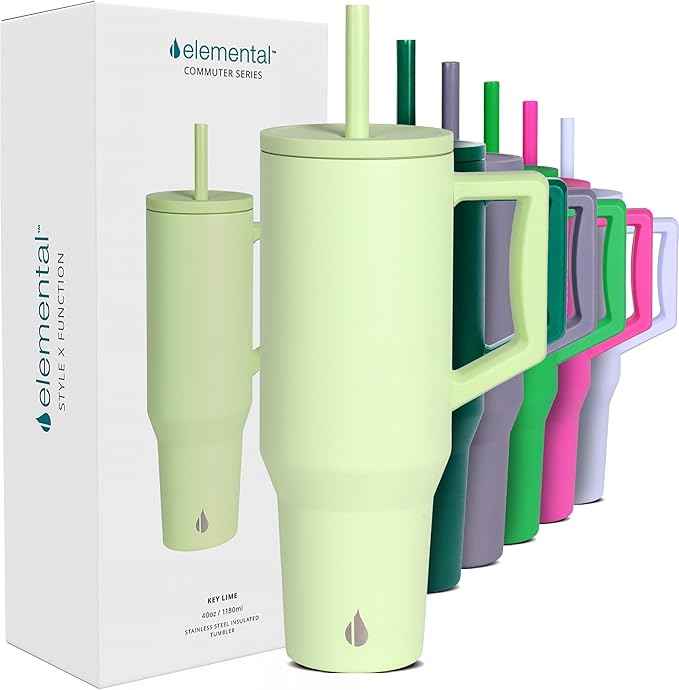 Elemental 40 oz Tumbler with Handle and Straw - Spill Proof Insulated Stainless Steel Commuter for Cold Beverages - Travel Coffee Mug with 2 Straws & Spill Proof Lid - 40oz - Key Lime