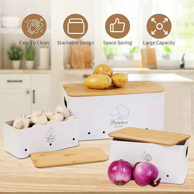 3 Pack Metal Vegetable Storage,Potato Onion Garlic Storage Set,Kitchen Canisters Vegetable Keeper,Stackable Pantry Organizers with Ventilation Holes and Bamboo Lids(WHITE)