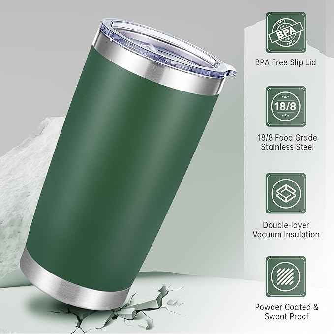 20 oz Tumbler Stainless Steel Tumblers with Lid Double Wall Vacuum Insulated Coffee Mug 20oz Powder Coated Cup for Hot and Cold Drinks, Dark Green, 1 pack