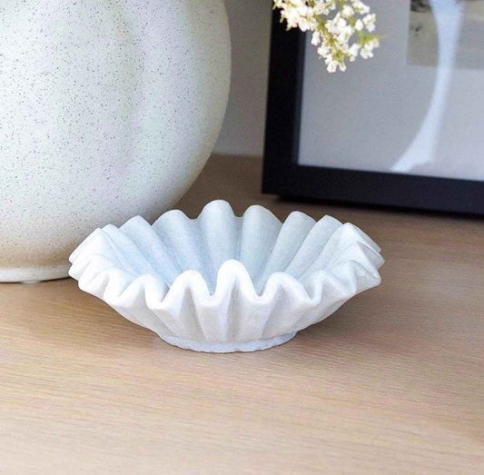 Handmade Marble Scalloped Bowl - 7 inches/Decorative Ruffle Home Decor Bowl/Natural Stone Ruffle Dish/Handcrafted White Marble Dish (7 Inches)