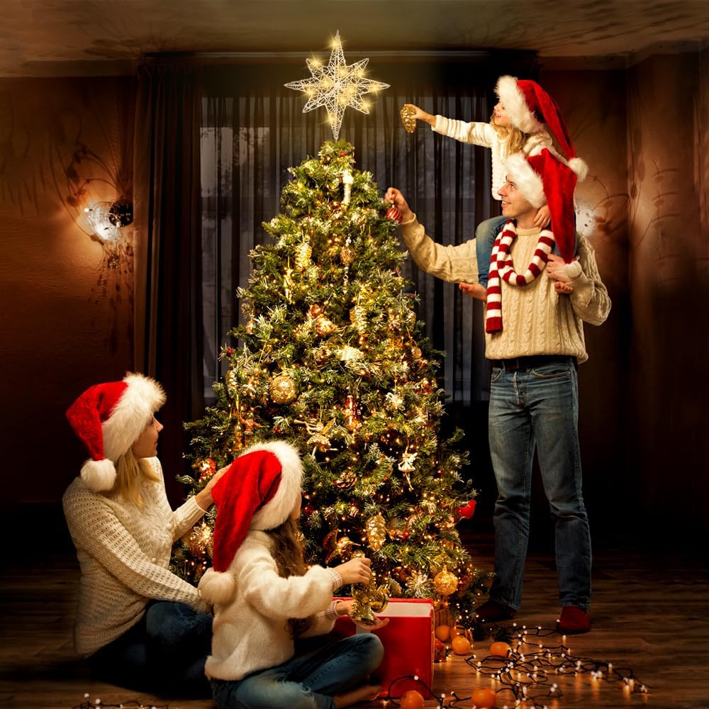 Christmas Tree Topper 13.5” Silvery Star Tree Toppers with 20 LED Lights for Christmas Tree Decorations, Xmas Tree Top Ornament for New Year Holiday Home Office Indoor