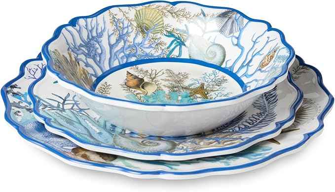 Blue Lagoon Melamine 12-Piece Dinnerware Set – Coastal Coral and Shell Design, Service for 4 – 11" Dinner Plates, 9" Salad Plates, and 28oz Bowls – Durable, Lightweight, BPA-Free, Dishwasher SafE