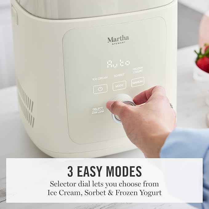 Martha Stewart 1 Quart Ice Cream Maker, Built-In Compressor, No Pre-Freezing Required, 3 Modes (Ice Cream, Sorbet, Frozen Yogurt), Automatic Mix-In Alert, Dishwasher-Safe Parts, Linen White