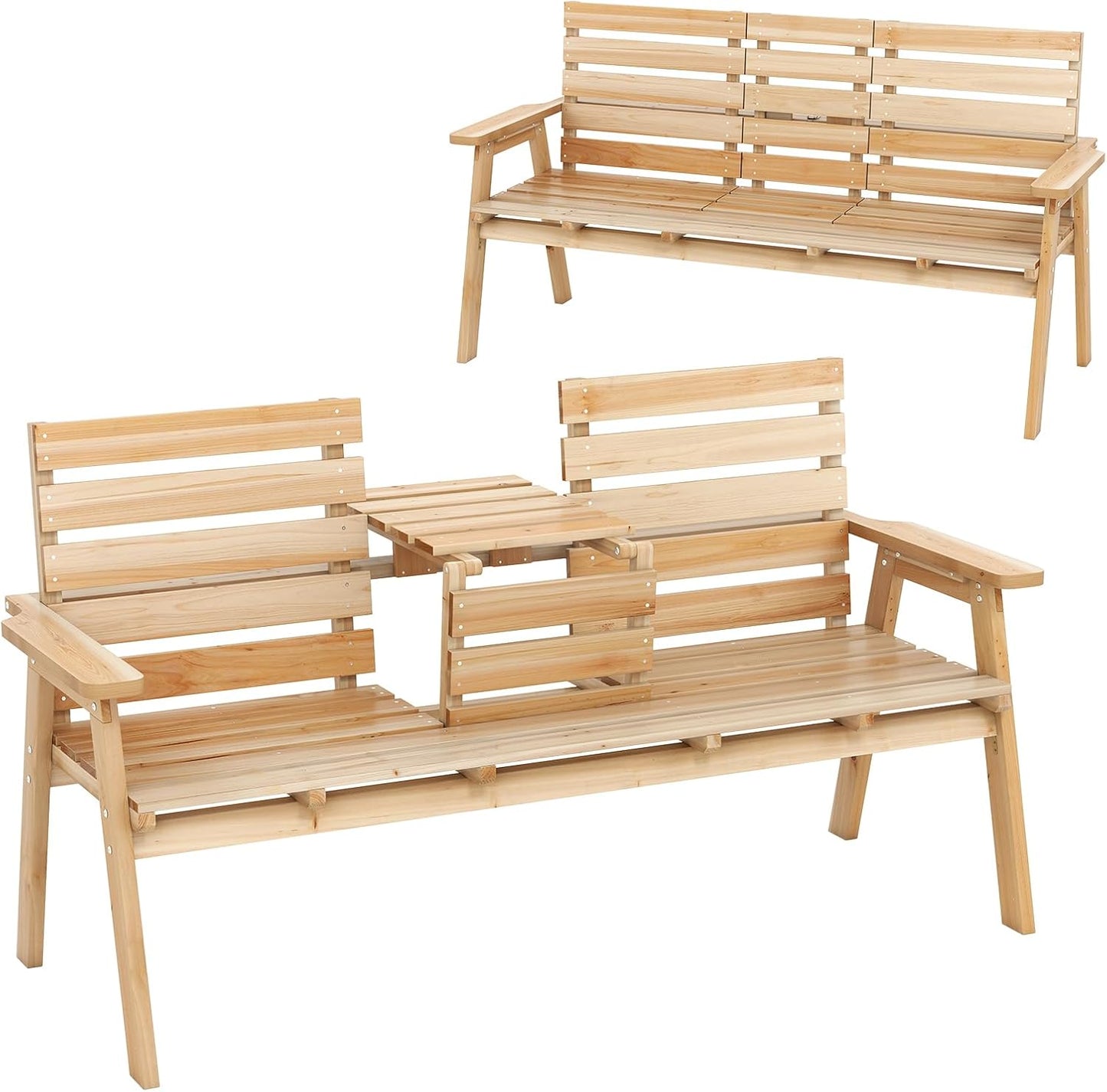 Tangkula Outdoor Fir Wood Bench with Foldable Middle Table, 2-3 Person Garden Bench with Backrest and Armrests, 710 lbs Weight Capacity, Slatted Seat Bench for Porch, Patio, Backyard