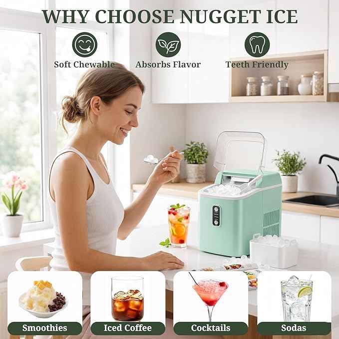 Nugget Ice Maker Countertop, 6-Min Fast Chewable Pellet Ice, 24lbs/24H Portable Ice Machine with Self-Cleaning, Ice Full & Low Water Indicator, Basket & Scoop for Home, Party, RV, Camping (Green)