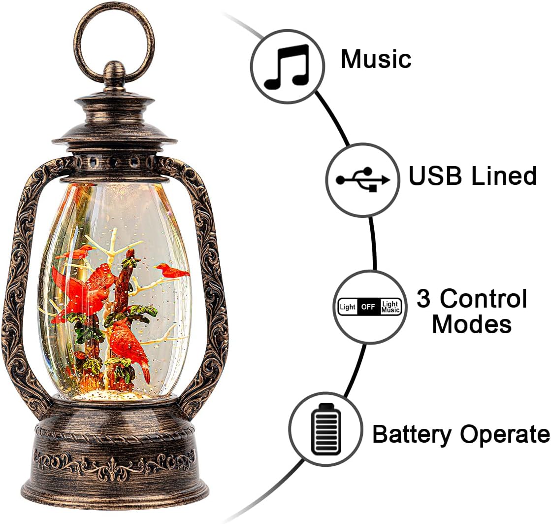 Christmas Snow Globe Lantern Water Glittering 12'' Cardinal with Music, USB Lined/Battery Operated Lighted Lantern for Christmas Festival Decoration Gifts