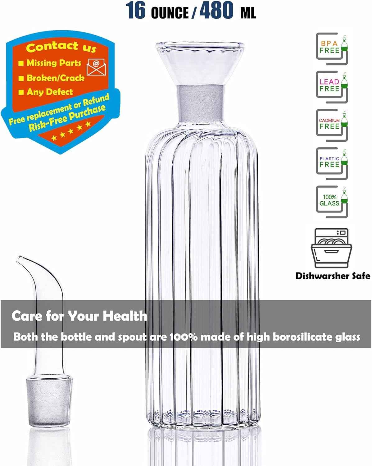 16 oz/480ml Non-Drip Olive Oil Dispenser Bottle 100% Glass Oil Carafe Decanter for Kitchen Oil & Vinegar Cruet for Cooking & BBQ