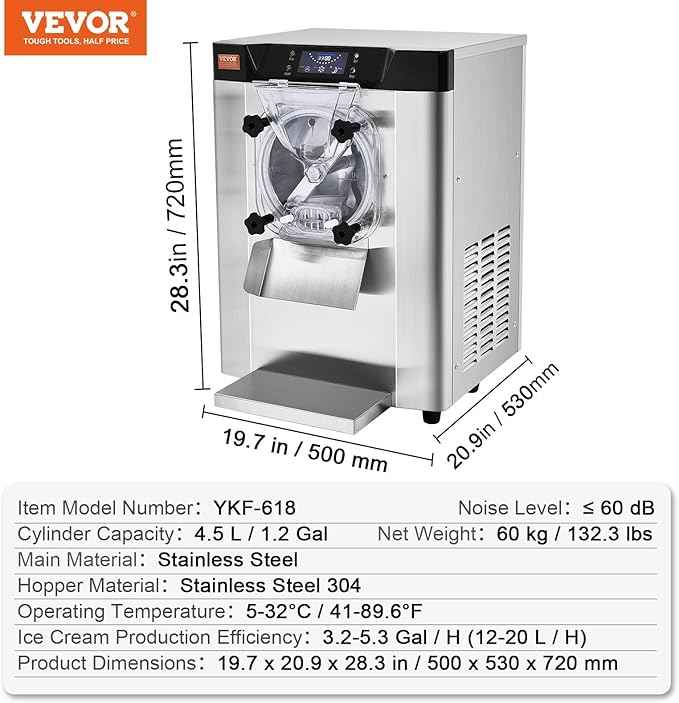 VEVOR Commercial Ice Cream Machine, 12 L/H Yield, 1713W Single Flavor Countertop Hard Serve Ice Cream Maker, 4.5L Stainless Steel Cylinder, LED Panel Auto Clean Pre-cooling, for Restaurant Snack Bars