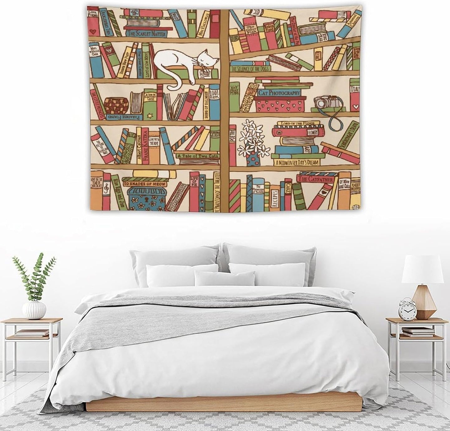 Kurtect Bookshelf Tapestry,Cute Cartoon Cat Sleeping Library Theme Pattern Print Tapestries for Party Beach Picnic Blankets Tablecloths Living Room Wall Deocr, 30x40 in