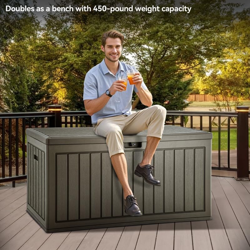 YITAHOME 90 Gallon Large Deck Box, Double-Wall Resin Outdoor Storage Boxes, Deck Storage for Patio Furniture, Cushions, Pool Float, Garden Tools, Lockable & Waterproof (Light Brown)