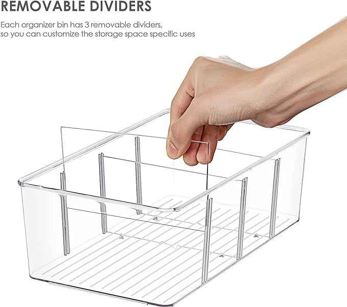 Vtopmart 2 Pack Food Storage Organizer Bins, Clear Plastic Bins for Pantry, Kitchen, Fridge, Cabinet Organization and Storage, 4 Compartment Holder Packets, Snacks, Pouches, Spice Packets