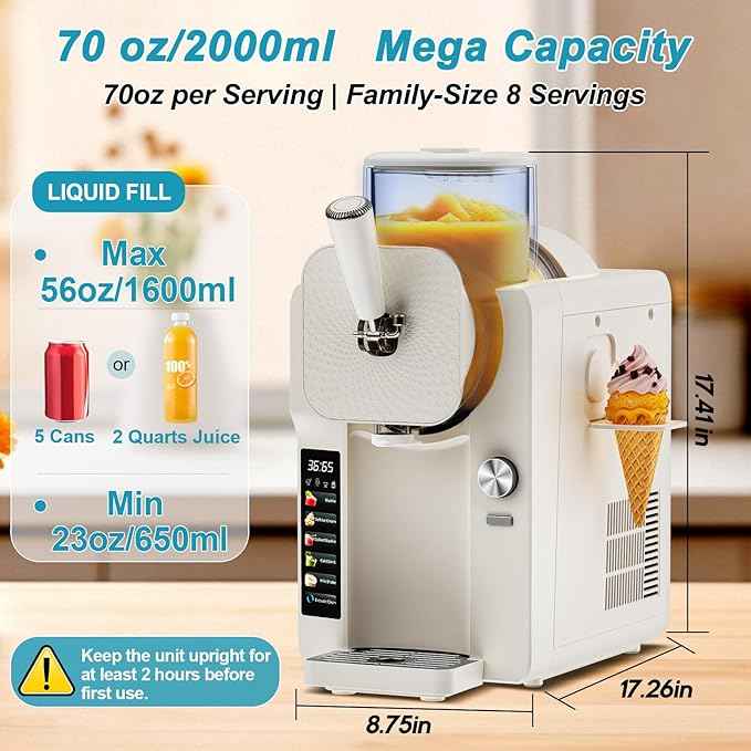Ice Cream Maker, Slushie Machine for Home, Slushy Machine 70 oz Margarita Machine with 6 Preset Programs for Ice Cream, Milkshake, Cocktail, Frappés, 9-level Adjustable Thickness, White