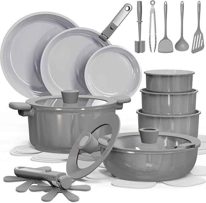 CAROTE 27pcs Ceramic Cookware Set Nonstick, Pots and Pans Set Non Stick, Non Toxic Cookware Detachable Handles, Dishwasher/Oven Safe, RV/Camping Cookware with Kitchen Utensils, Mothers Day Gifts