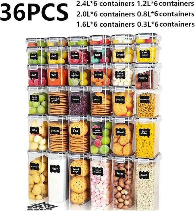 36 PCS Airtight Food Storage Containers with Lids, BPA Free Clear Plastic Kitchen and Pantry Organization and Storage Set for Flour, Sugar, Cereal, Pasta, Includes 36 Labels and Marker