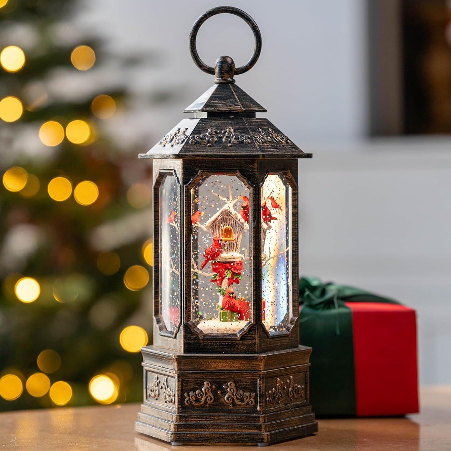 Christmas Snow Globe Lantern Water Glittering 11.6'' Cardinal & Birdhouse with Music & Timer, USB Lined/Battery Operated Lighted Lantern for Christmas Festival Decoration Gifts