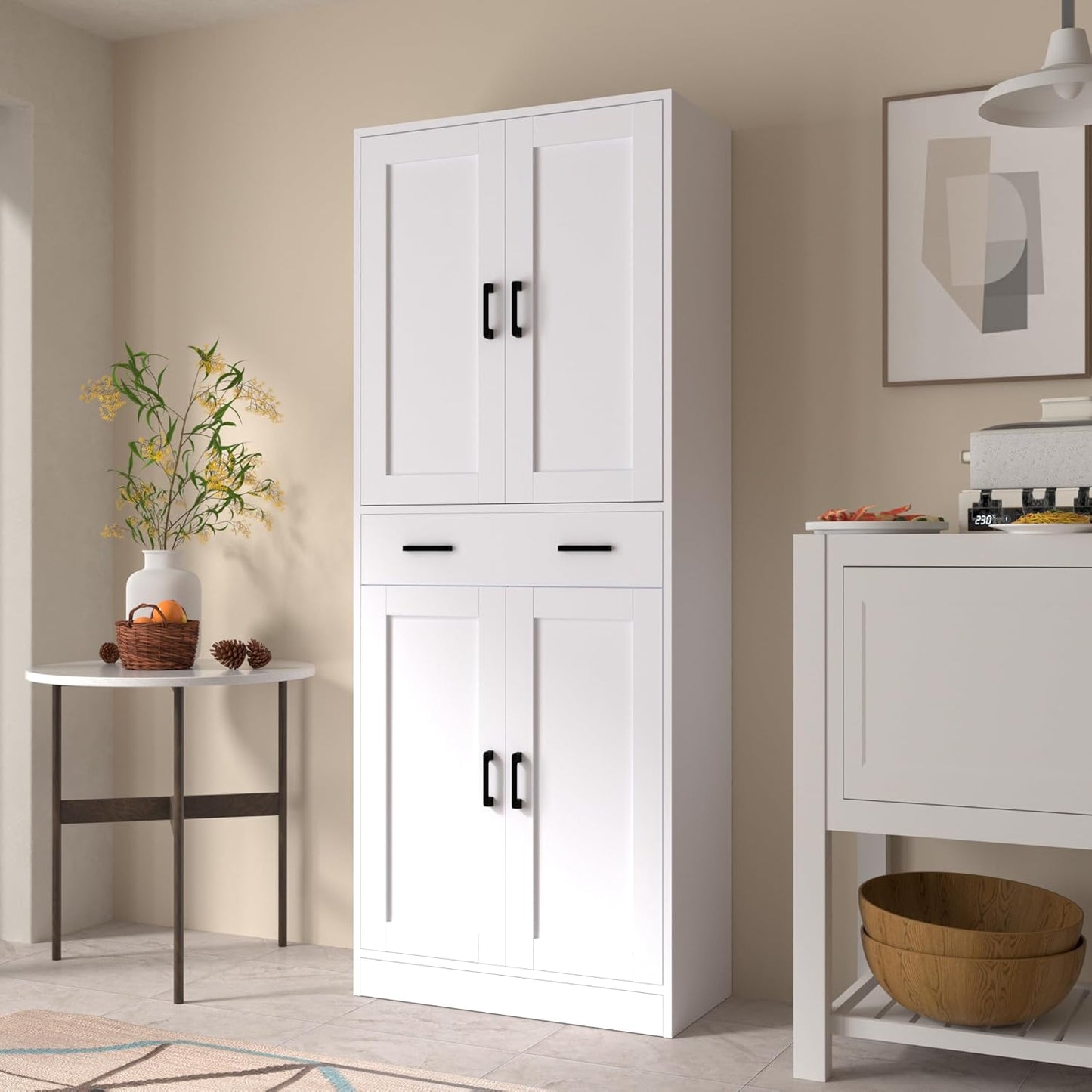 White Kitchen Pantry, 71" Tall Storage Cabinet with Doors and Drawer for Kitchen, Hallway, Office