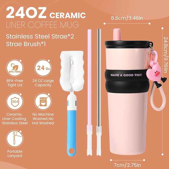 24 oz Stainless Steel Tumbler with Straw, Water Bottle Leak Proof for Hot and Cold, Pink Insulated Coffee Travel Mug, Girls Ceramic Lined Tumbler, Reusable Thermal To Go Coffee Cup Gift for Women
