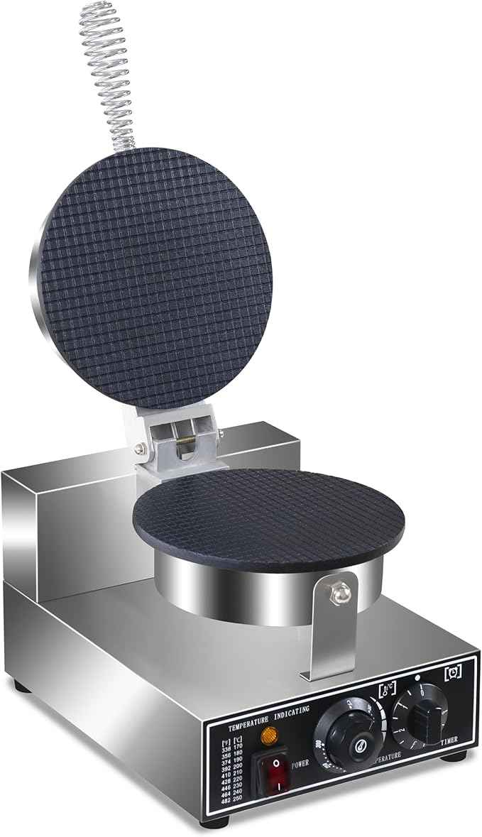 110V Electric Ice Cream Cone Maker 1300W Commercial Waffle Cone Machine 1300W Electric Stainless Steel Egg Cone Baker Non Stick coating with Temp & Time Control for for Restaurant Bakeries