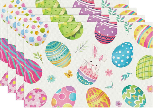 Bonhause Easter Eggs Placemats Set of 4, 12x18 Inch Spring Bunny Floral Seasonal Kitchen Dining Table Mats Washable Place Mats for Indoor Outdoor Home Party Easter Decor