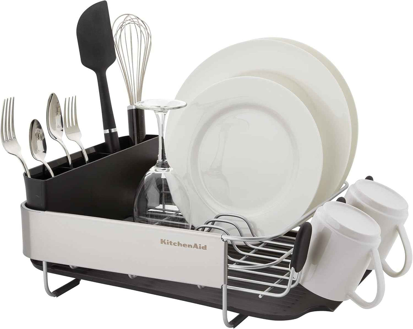 KitchenAid Compact, Space Saving Rust Resistant Dish Rack with Removable Flatware Caddy and Angled Self Draining Drainboard, 16.06-Inch, Black