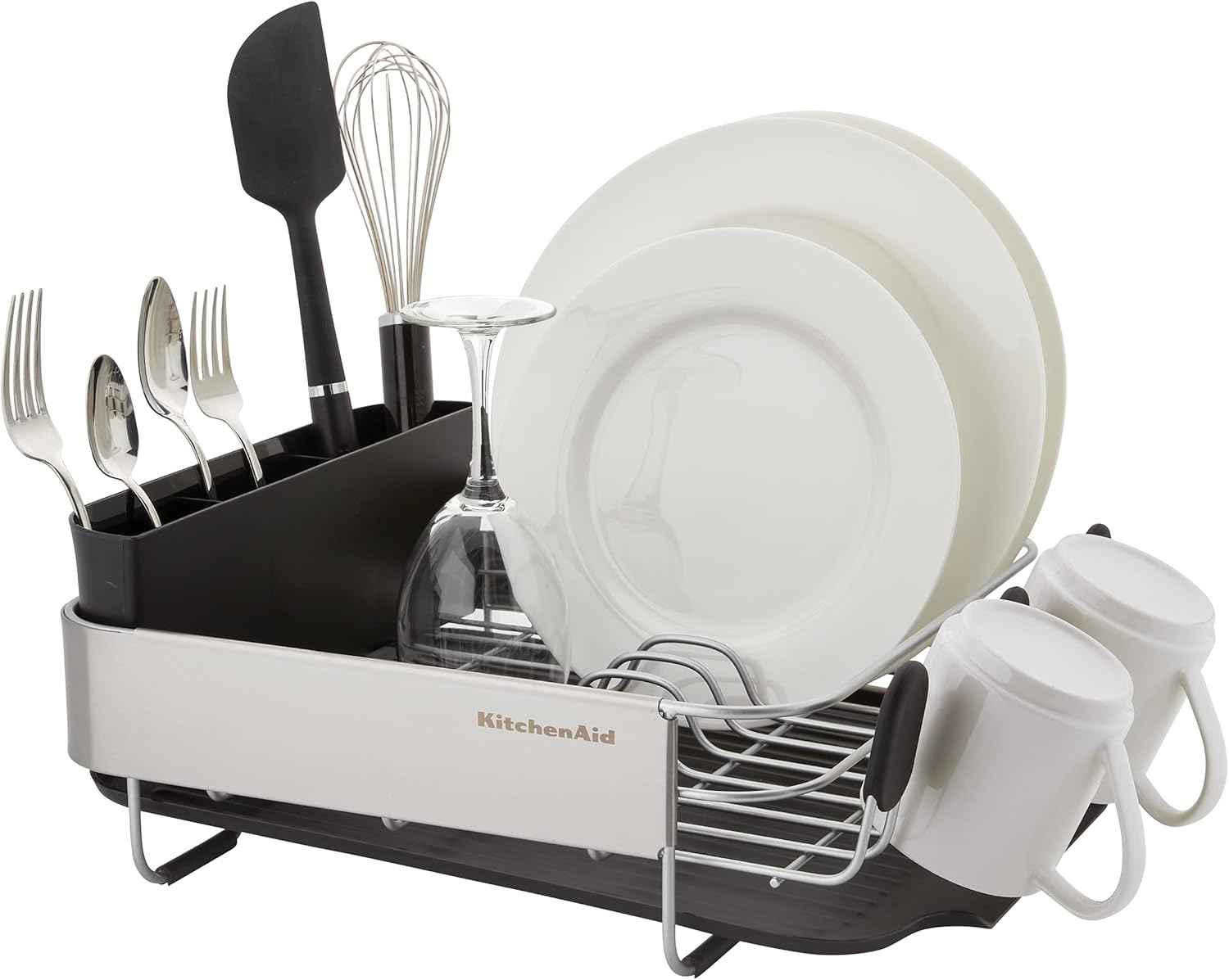 KitchenAid Compact, Space Saving Rust Resistant Dish Rack with Removable Flatware Caddy and Angled Self Draining Drainboard, 16.06-Inch, Black