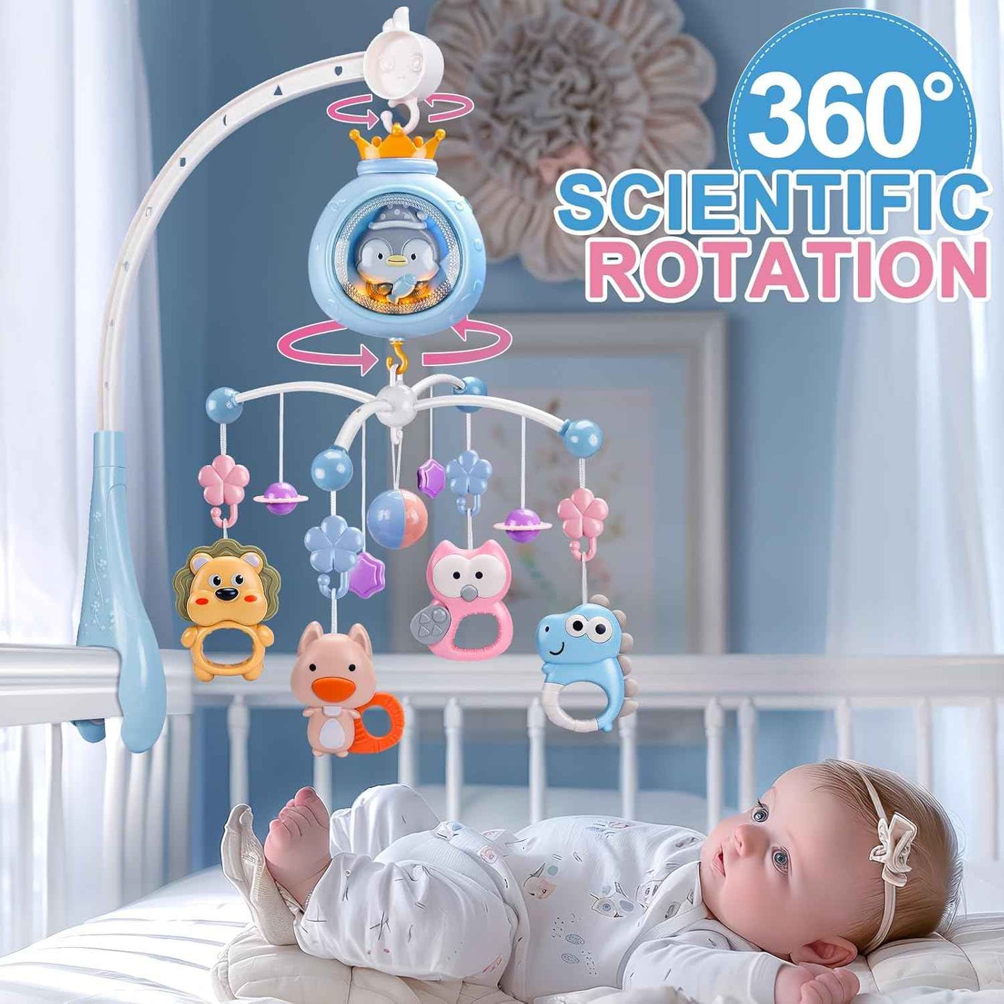 Crib Mobile with Music and Lights,Mobiles for Cribs, Baby Mobile Arm Toys Hanging for Girls Boys Infants 0-6 6-12 Months, Bassinets Nursery Musical Portable Mobile Clip On Pack and Play(Bule)