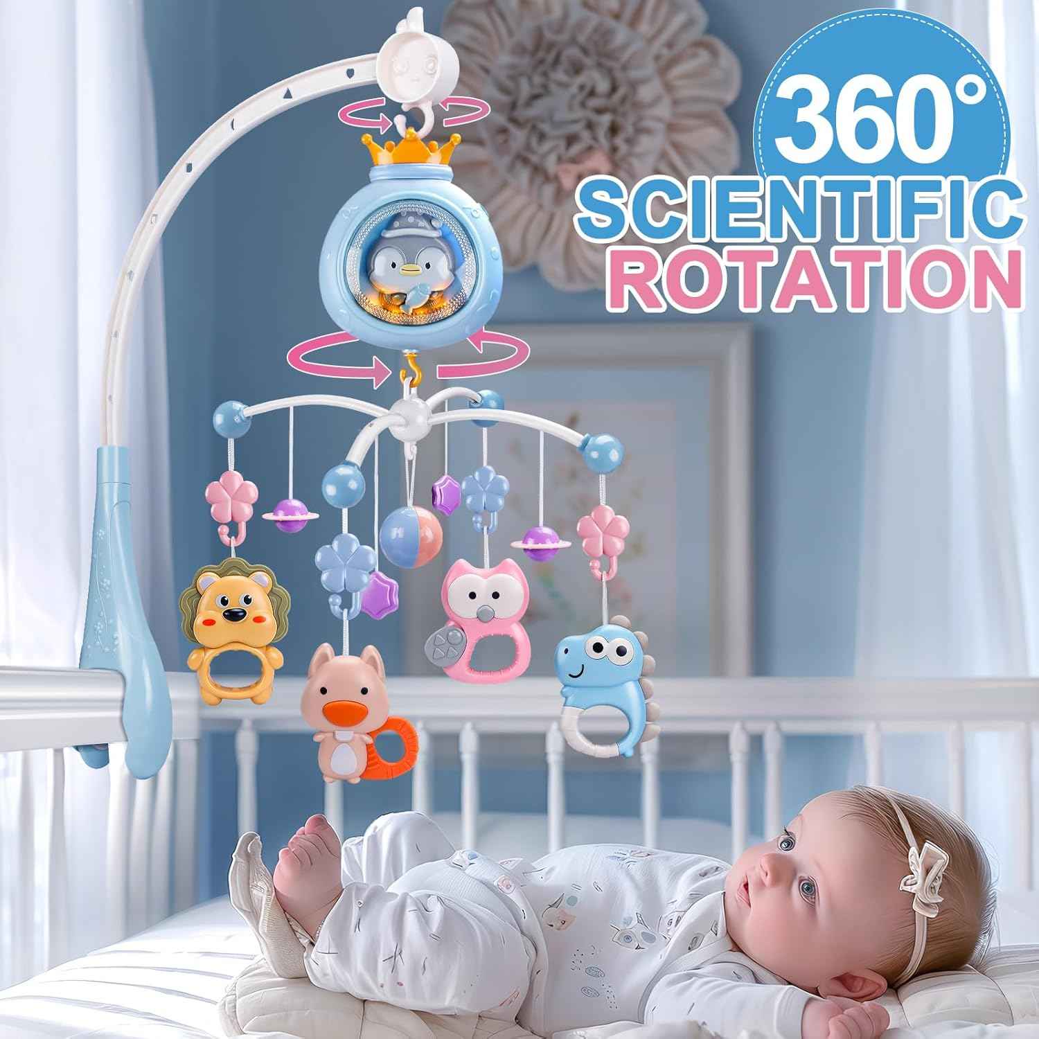 Crib Mobile with Music and Lights,Mobiles for Cribs, Baby Mobile Arm Toys Hanging for Girls Boys Infants 0-6 6-12 Months, Bassinets Nursery Musical Portable Mobile Clip On Pack and Play(Bule)
