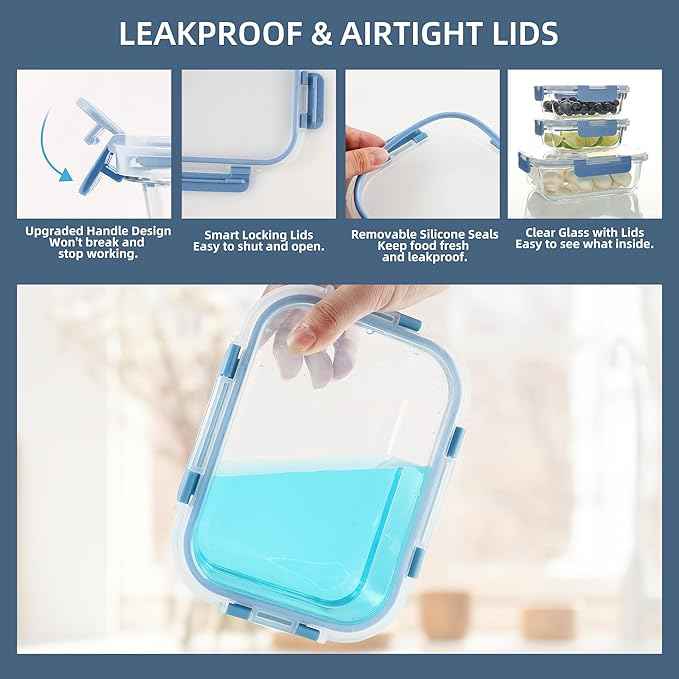 UMEIED 12 PACK Glass Food Storage Containers with Leak Proof Lids, Glass Airtight Meal Prep Containers Set for Lunch, On the Go, Leftover, Kitchen Pantry Organizers and Storage (Grey Blue)
