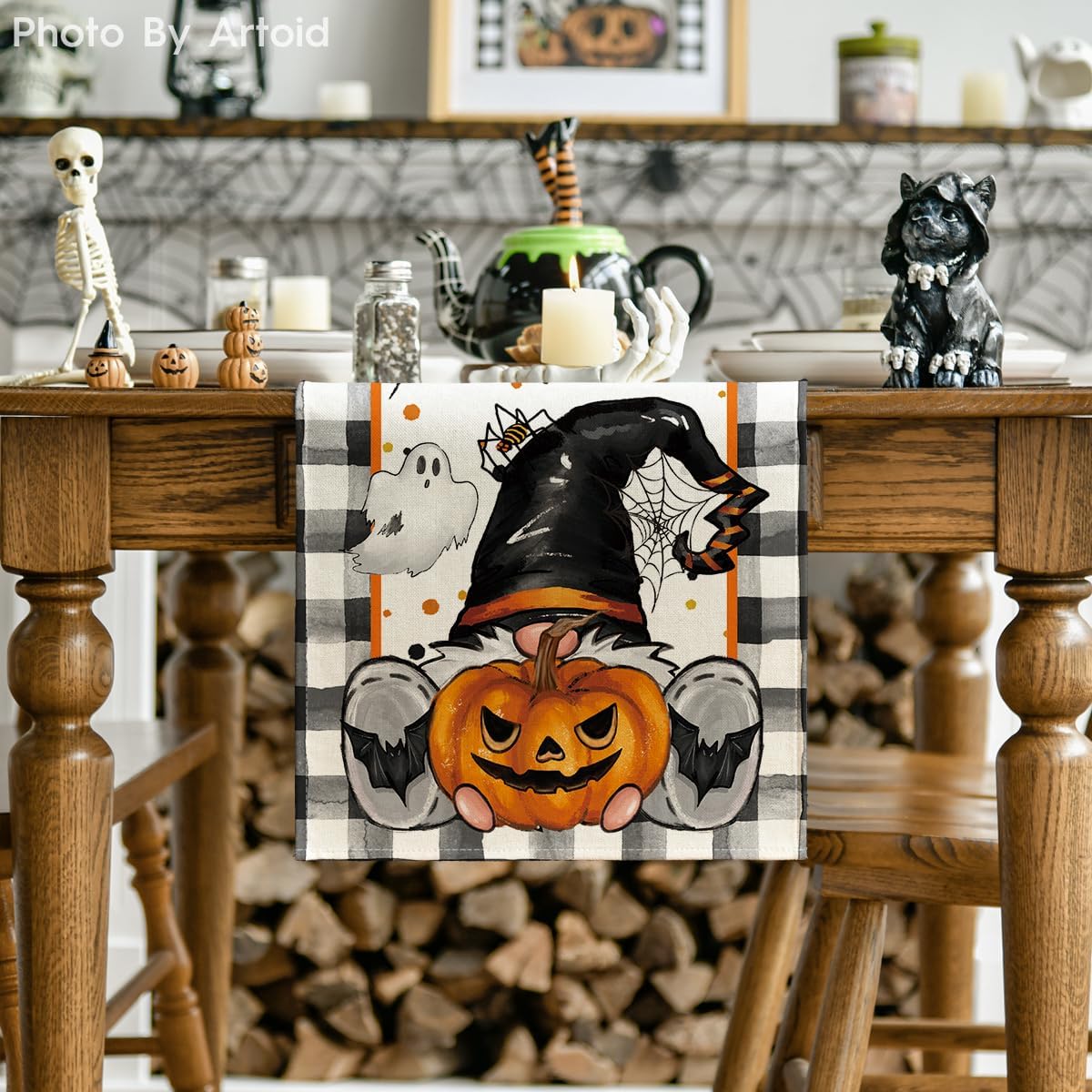Artoid Mode Buffalo Plaid Gnome Bat Pumpkin Ghost Halloween Table Runner, Sensonal Kitchen Dining Table Decor for Home Party 13x108 Inch