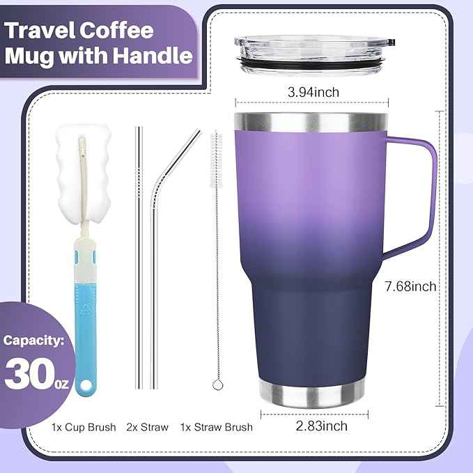 30 oz Stainless Steel Tumbler with Handle, Double Wall Vacuum Insulated Coffee Mug Tumbler with Lid and Straw, Thermal Cup for Cold and Hot (Purple Navy Blue)