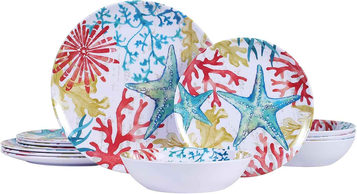 Melamine Dinnerware Set for 4 – 12-Piece Starfish Coral Design Plates and Bowls, Ocean Dishes set, Unbreakable Dinner Set for Indoor Outdoor Use, Dishwasher Safe, Coastal Beach Theme Tableware