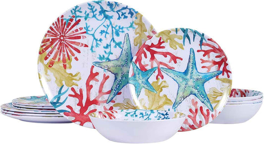 Melamine Dinnerware Set for 4 – 12-Piece Starfish Coral Design Plates and Bowls, Ocean Dishes set, Unbreakable Dinner Set for Indoor Outdoor Use, Dishwasher Safe, Coastal Beach Theme Tableware