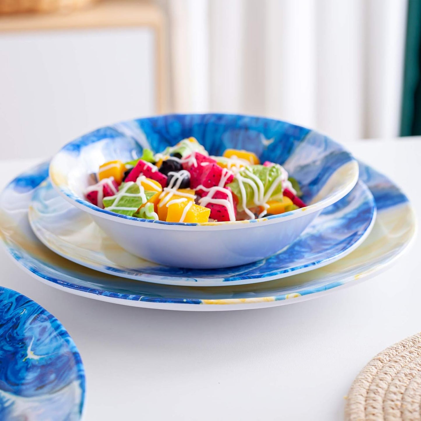 12 Pcs Melamine Dinnerware Set - Indoor and Outdoor Durable Plastic Dishes Dishware，Melamine Dinner Plates and Bowls Sets Service for 4，Lightweight Unbreakable（Landscape Painting）