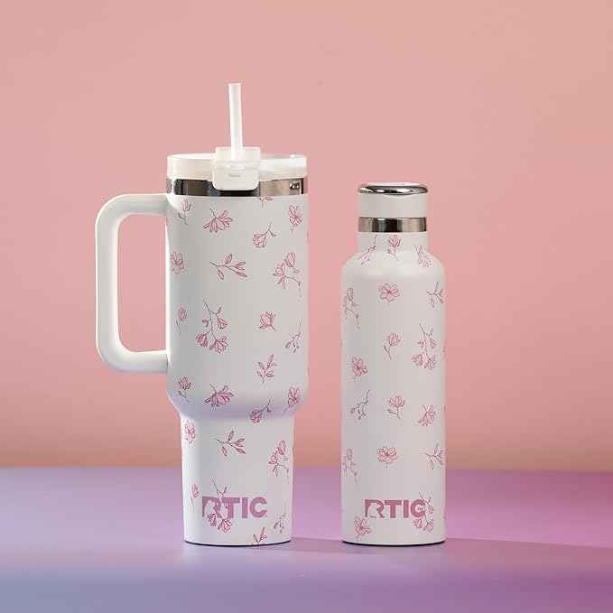 RTIC 30 oz Road Trip Tumbler Double-Walled Ceramic Lined InsulatedStainless Steel Portable Travel Coffee Mug Cup with Lid, Handle and Straw, Pink Magnolias