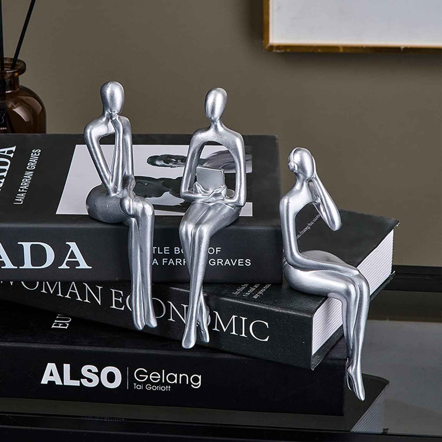 XINXAUN Silver Statue Home Decor - Modern Bookshelf & Desk Decor - 3 Piece Set