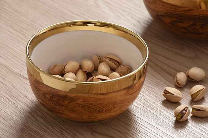 Pampa Bay Wood Look Titanium-Plated Porcelain Snack Bowl, 4.3 Inch, Gold/White/Wood look