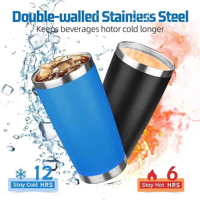 20 oz Tumbler with Lids and Straws, Stainless Steel Insulated Travel Coffee Mug, Double Wall Vacuum Insulated Tumblers, Powder Coated Coffee Tumbler for Cold & Hot Drinks (Sea Blue, 6 Pack)