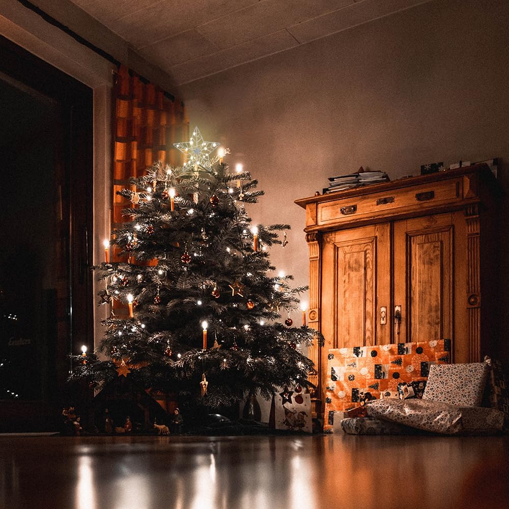 YEAHOME Christmas Tree Topper, Silver Glittered Hollow 5-Point Star Tree Topper for Christmas Tree Decorations, Lighted Wire Star with 20 LED Lights for Christmas Treetop, Xmas Tree Topper with Timer