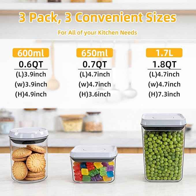Pop Airtight Food Storage Containers with Lids, Push Button Seal BPA-Free for Kitchen Pantry Organization, 3 Pcs 0.65Qt/0.7Qt/1.8Qt for Cereal, Flour, Sugar, Snacks Dry Food Storage