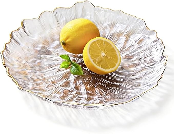Glass Salad Bowl Irregular Lotus Flower Shape Serving Bowls, Mixing Nut Bowls for Kitchen Fruist, Snack, Dessert, and Ice Cream Candy Dishes (Plate with Gold Rim Crystal Clear, Large)