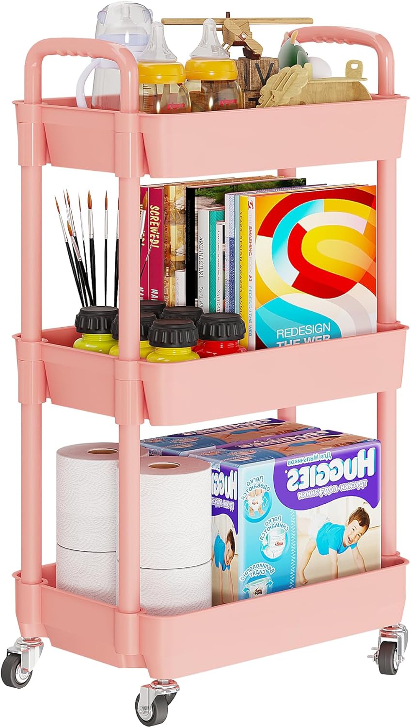 Laiensia 3-Tier Rolling Cart with Wheels,Multifunction Utility Storage carts, Kitchen Storage Organizer,Mobile Shelving Unit for Bathroom,Laundry,with Classified Stickers,Pink
