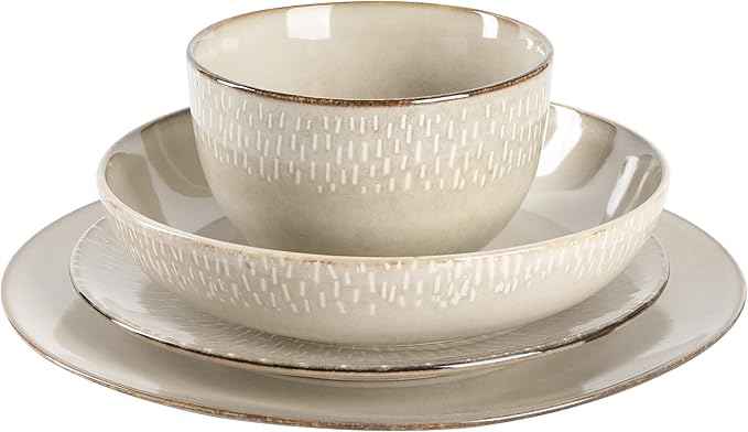 Gibson Elite Matisse 16-Piece Double Bowl Dinnerware Set – Service for 4, Taupe Stoneware Plates and Bowls